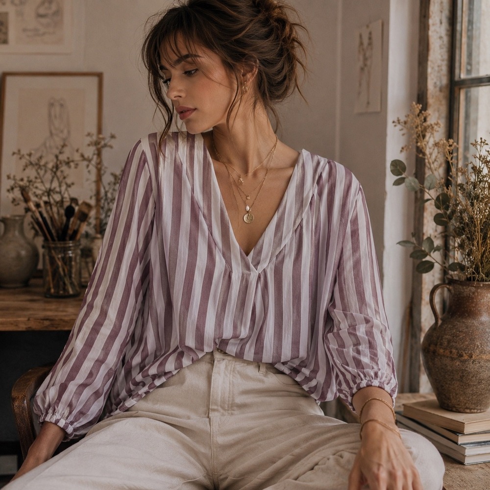 a.n.a Womens Mauve White Striped V-Neck Long Sleeve Blouse Large Top Rayon‎